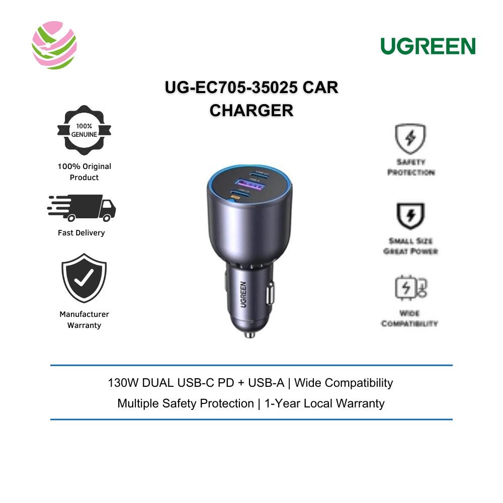 Ugreen Fast Car Charger 130W Dual USB-C PD + USB-A Fast Car Charger - UG-EC705-35025
