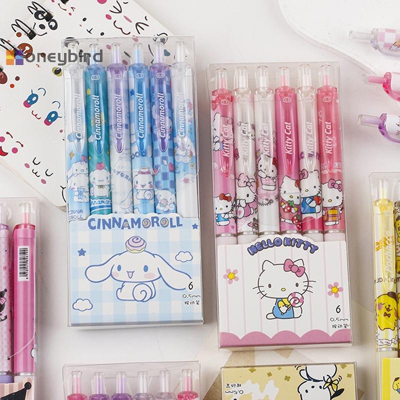 Honeybird 6 ชิ้น Kawaii Sanrio Hello Kitty ปากกาเจลการ์ตูน Pochacco Cinnamoroll Kuromi แห้งเร็วกดปากกาสีดําเครื่องเขียนอุปกรณ์ Nice