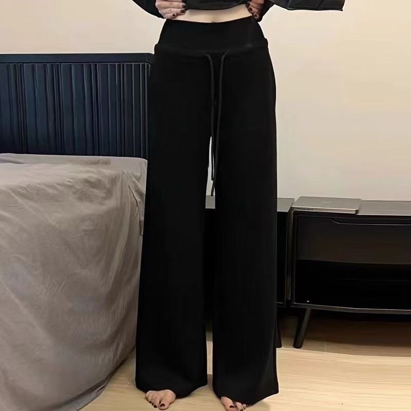 กางเกงกว้างลําลอง 2025 กางเกงกีฬาสีดํากางเกงขายาวเอวสูงทุกการแข่งขันฤดูใบไม้ผลิยืดหยุ่นหลวมตรงกางเกงถูพื้นผู้หญิงกางเกง
