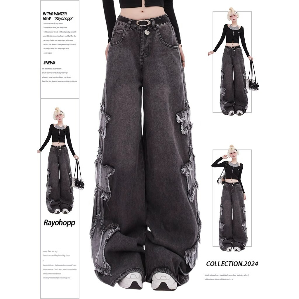 ลายดาวห้าแฉกกางเกงยีนส์อเมริกันกางเกงขาตรงผู้หญิงหลวมย้อนยุคกางเกงยีนส์ขากว้างผู้ชาย