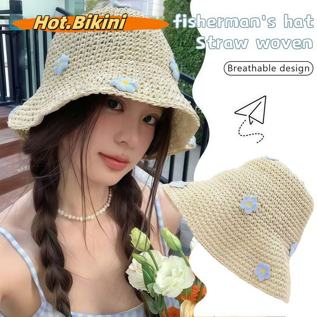 💛Hot.Bikini💛หมวกบักเก็ต หมวกถัก การป้องกันแสงแดด ระบายอากาศได้ การตกแต่งดอกไม้สีฟ้า summer