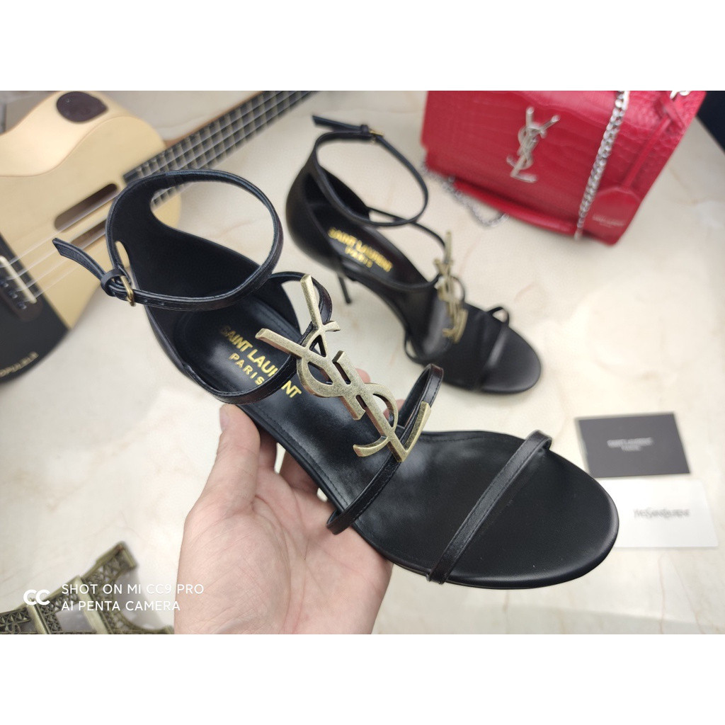 รองเท้าแตะเปิดส้นผู้หญิง Saint Laurent Ysl 2022 หนังแท้ ส้นสูงทรงกลม