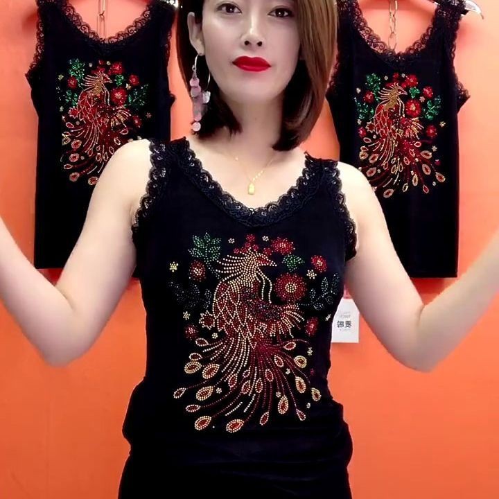 ฤดูร้อนผู้หญิงแฟชั่นใหม่สลิมฟิตสีทึบร้อนเพชรแขนกุดเสื้อกั๊กด้านบนเสื้อยืด