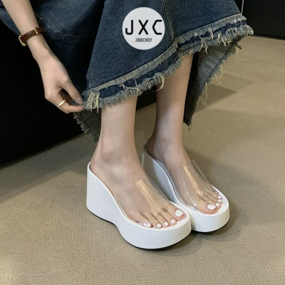 แฟชั ่ นเกาหลี Ulzzang รอบ Toe Super รองเท ้ าส ้ นสูงโปร ่ งใสเปิดนิ ้ วเท ้ ารองเท ้ าแตะ PU สีทึบแฟชั ่ นสุภาพสตรีความสูงฤดูร ้ อน All-Match วันหยุดพักผ ่ อน Sli