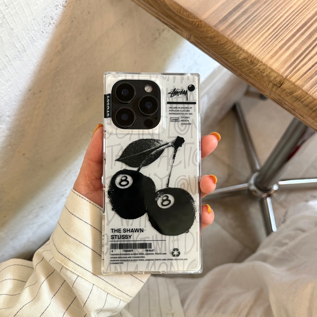 Street Classic stussysy สีดําแปด Cherry Square เลเซอร์อะคริลิค IMD เคสโทรศัพท์เหมาะสําหรับ iPhone 15 14 14Pro 14Max 13ProMax 13