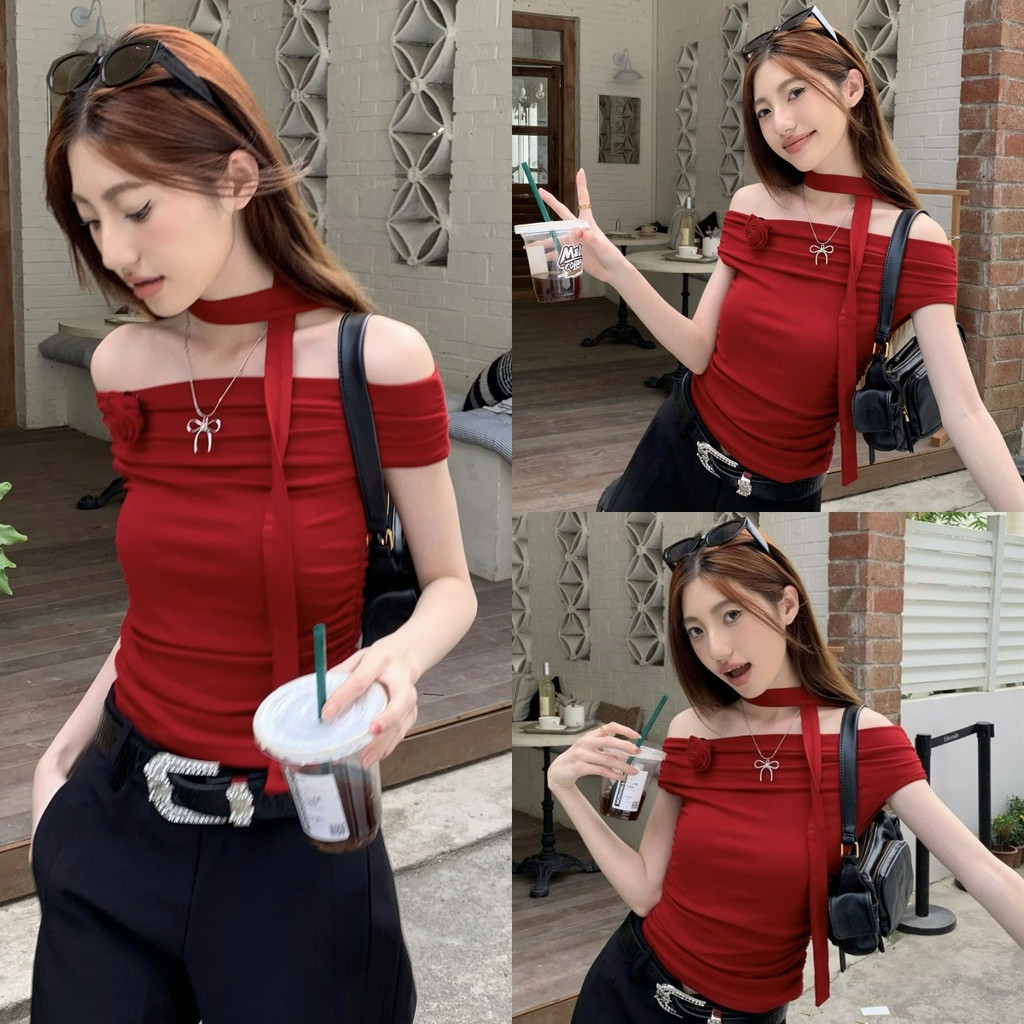 🍎Evelyn🍎เสื้อแขนสั้น เปิดไหล่ สีสดแดงใสแดง เสื้อครอป แซ่บๆ ยืดตามตัวผ้านิ่ม ใส่สบาย แฟชั่น