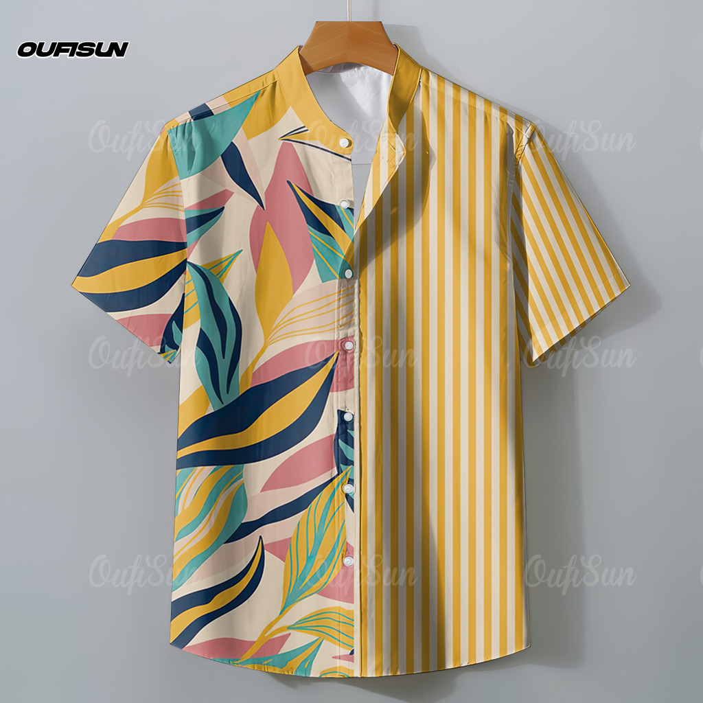 เสื้อฮาวายลายใบไม้ขนาดใหญ่ลายทางสีน้ําตาลหลวมและระบายอากาศผ้าเรย่อนนุ่มสบายเสื้อเชิ้ตคอตั้งสไตล์จีน