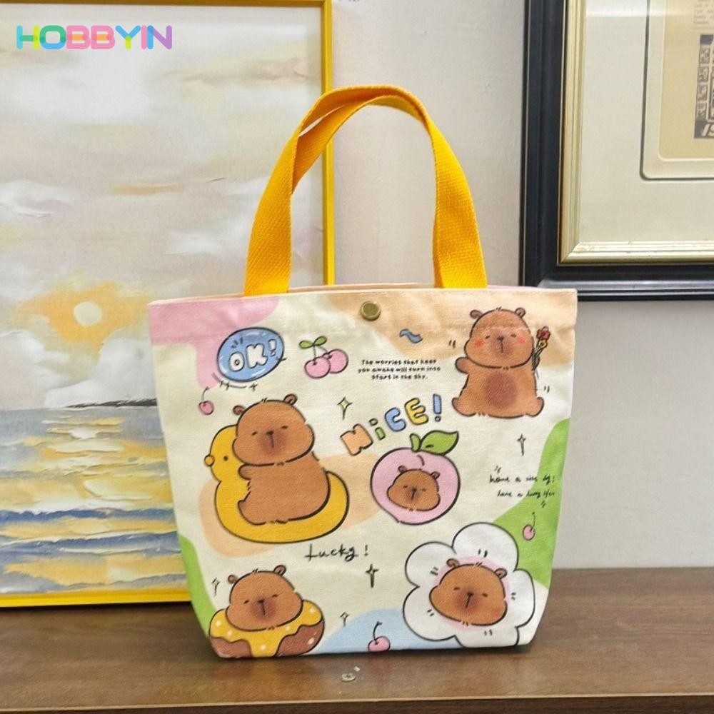 กระเป๋าผ้าแคนวาส HOBBYIN Capybara กระเป๋าสะพายความจุขนาดใหญ่แบบพกพา, กระเป๋าทรงถังถุงอาหารกลางวัน