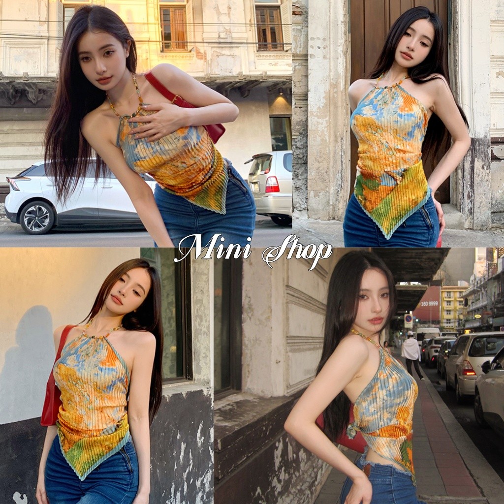 Mini shop🌸พร้อมส่ง🌸(M1152)เสื้อคล้องคอทรงสายเหลี่ยม ผูกหลัง ดีเทลลายมัดย้อม สวยเก๋ไม่ซ้ำใคร ใส่ไปทะเลผูกหลัง