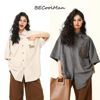 🔥BECoolMan🔥 เสื้อเชิ้ตผู้ชาย ลายทาง สไตล์อเมริกัน แนววินเทจ ยอดนิยม คนส่วนน้อย สไตล์ญี่ปุ่น ลำลองแมทช์ลุคง่าย