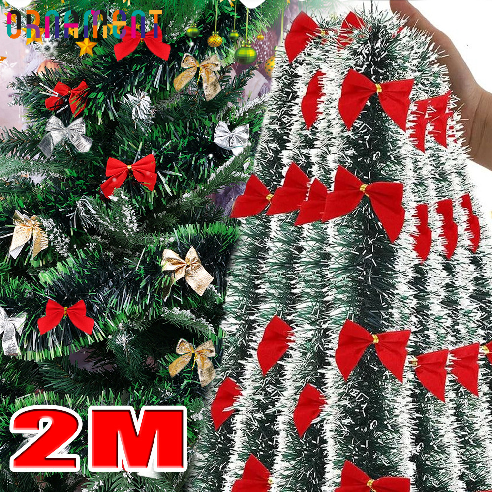 2m คริสต์มาส Tinsel ริบบิ้นโบว์ - ตกแต่งต้นคริสต์มาสแขวน - สีเขียวอ้อยดึงดอกไม้ริบบิ้น - งานแต่งงานหน้าต่างเพดานตกแต่ง - DIY เครื่องประดับพวงมาลัยคริสต์มาส