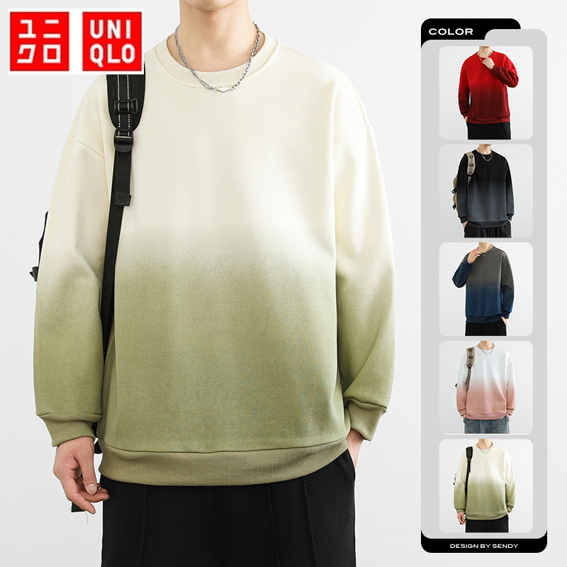 UNIQLO ยูนิโคล่ ฤดูใบไม้ผลิและฤดูใบไม้ร่วงใหม่เสื้อกันหนาวผู้ชาย, เสื้อสเวตเตอร์คอกลมไล่โทนสี, เสื้อยืดเฮฟวี่เวทสําหรับผู้ชาย