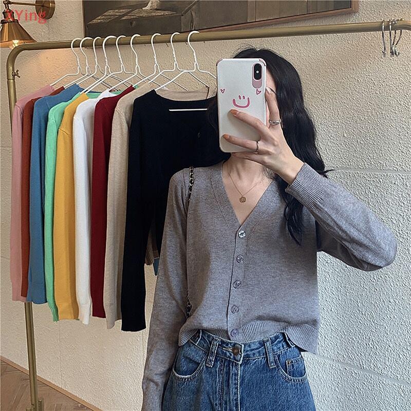 [Xy] เสื้อคาร์ดิแกนถักคอวีแขนยาวหลวมนุ่มสบายสําหรับผู้หญิงทุกการแข่งขันขายร้อน