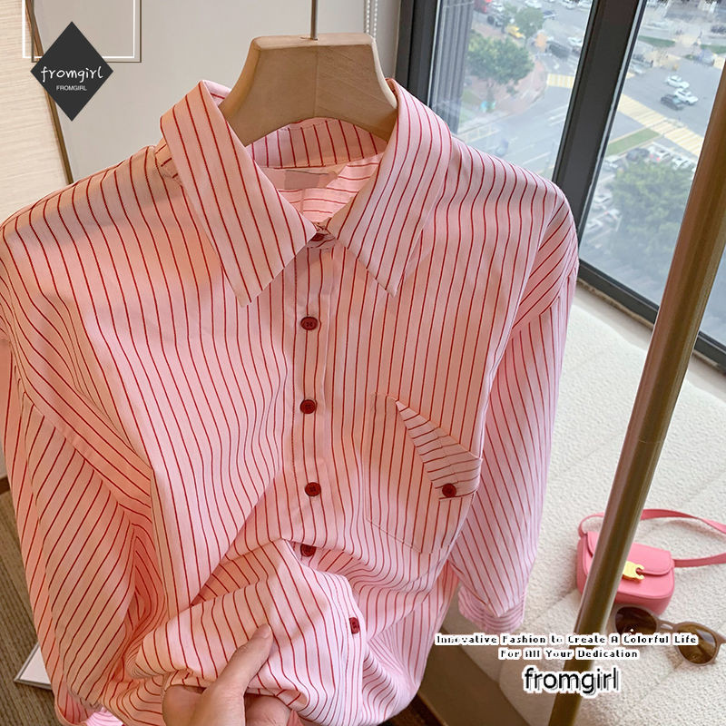 สีชมพูลายแขนยาวเสื้อคอปกด้านบนหญิงฤดูใบไม้ร่วงใหม่สบายๆหลวมอเนกประสงค์ออกแบบเซ็นเซอร์เสื้อ