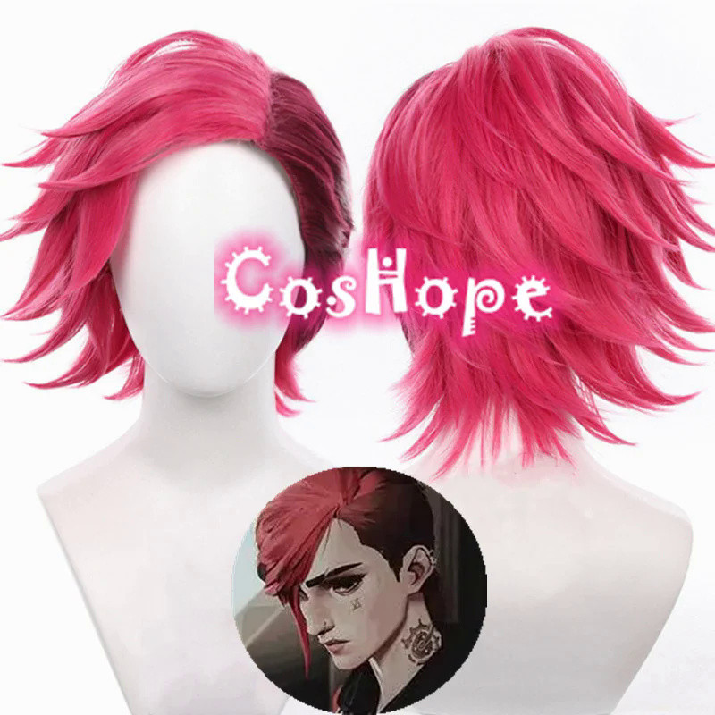 LOL Arcane Vi Cosplay Wig Unisex 35cm Short Dark Rose Wig Cosplay Anime Cosplay Wigs Heat Resistant 
