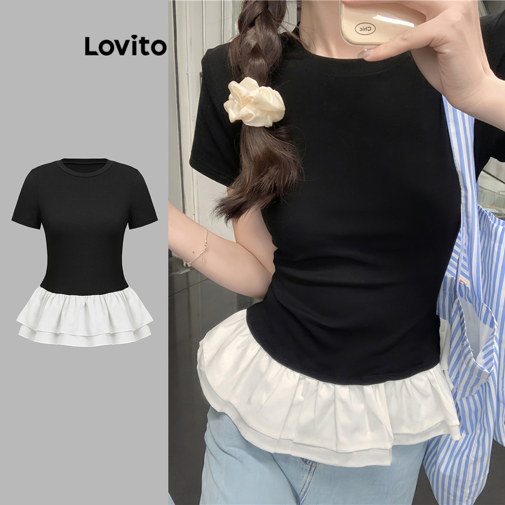 Lovito เสื้อยืดเย็บด้วยผ้าธรรมดาที่หรูหราสำหรับผู้หญิง L108ED645