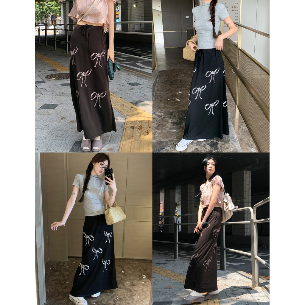 cherryshop พร้อมส่ง กระโปรงยาวผู้หญิง กระโปรง y2k พิมพ์ลายโบว์เซ็กซี่ ดีไซน์เชือกรูดย้อนยุค สไตล์อเมริกัน