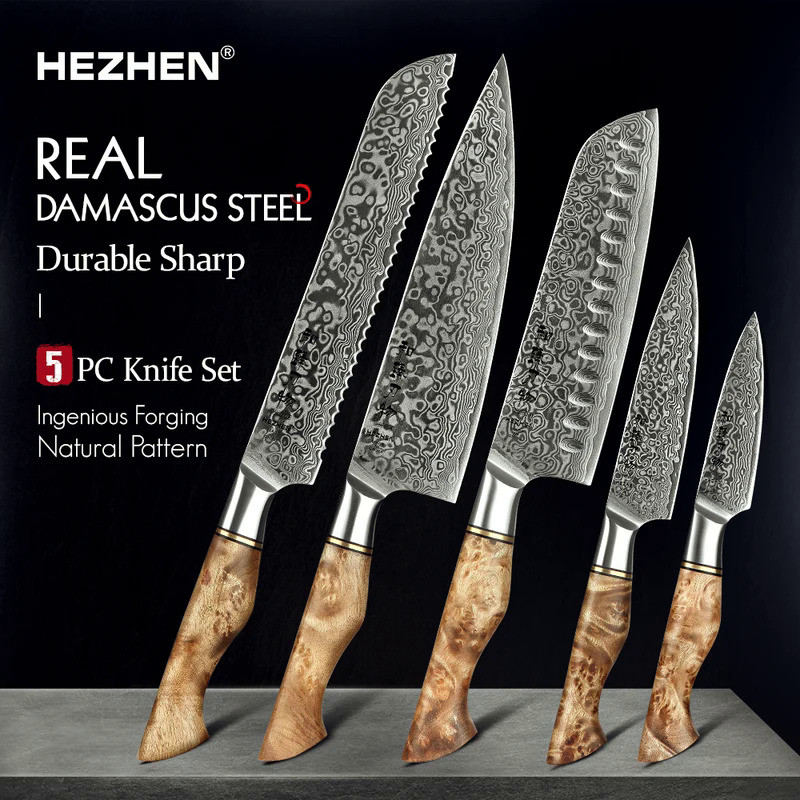 HEZHEN Kitchen Knife Set 1/2/3/5PC Damascus Steel Knives Kitchen Chef Knives Accessories Kitchen Too