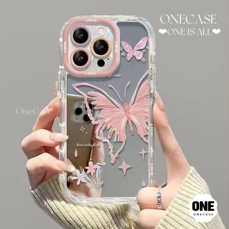 ประณีต ผีเสื้อ เคส IPhone 11 13 16 12 15 14 Pro Max 14  15 7 8 Plus X  XR XS XR Max SE 2020 พื้นผิวสีชมพู กระจก เคส