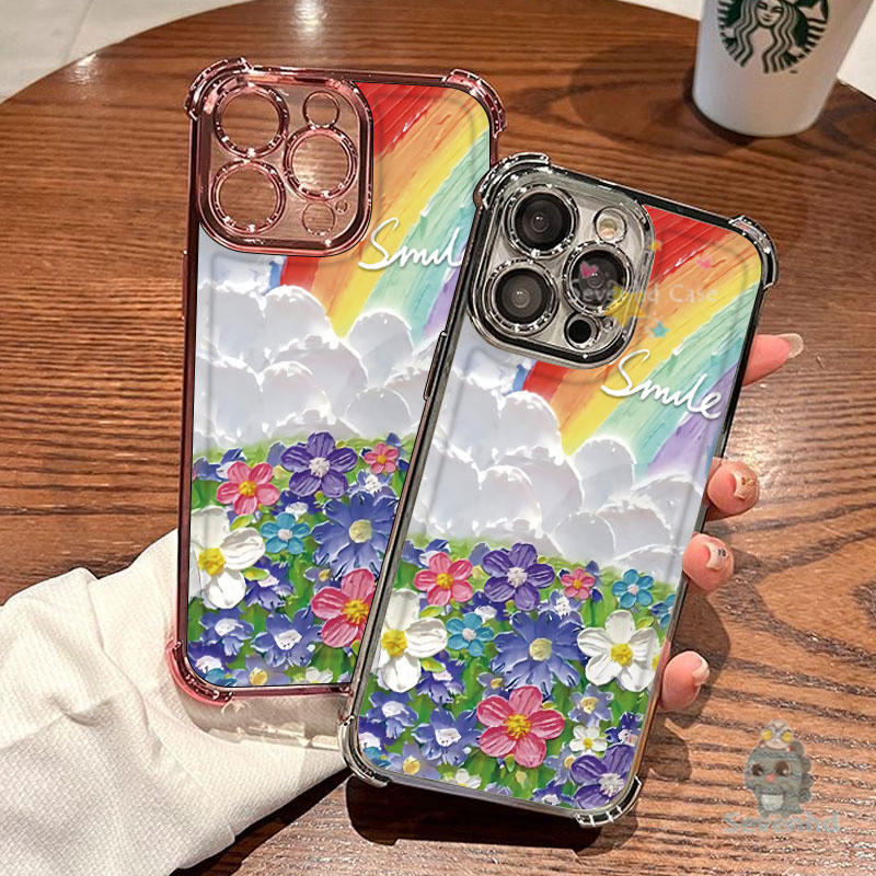 สําหรับ iPhone 11 16 15 14 13 12 Pro Max XR X XS 8 7 6 Plus SE 2020 ภาพวาดสีน้ํามัน Rainbow Sky เคสโทรศัพท์ที่สวยงามสี่มุม Drop-proof โปร่งใสกันกระแทกป้องกันปกหลัง