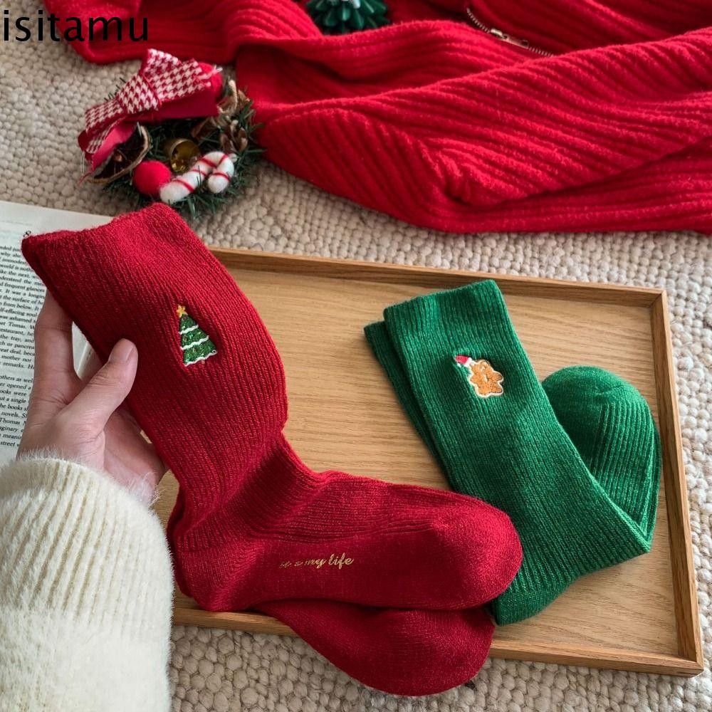 Isitaft ถุงเท้าเย็บปักถักร้อยคริสต์มาส, ผ้าฝ้ายต้นคริสต์มาสการ์ตูน Hosiery, สบาย Gingerbread Man Snowman ถุงเท้ากลางหลอดสไตล์เกาหลีของขวัญคริสต์มาส