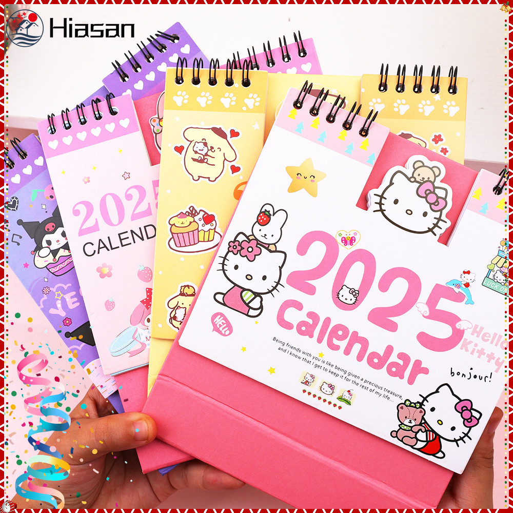 SANRIO 2025 ปฏิทินตั้งโต๊ะซานริโอ-การ์ตูนน่ารักอะนิเมะลูกสุนัข,ลูกแมว,กระต่ายแบบ-ยืนขดลวดปกบันทึกหนังสือปฏิทิน-ตกแต่งเดสก์ทอปโฮมออฟฟิศ-เครื่องเขี