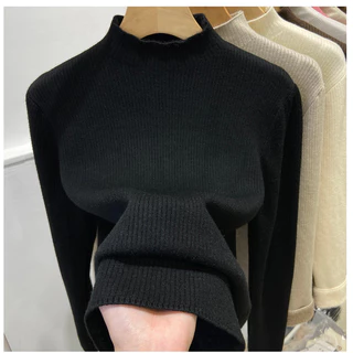เสื้อตัวในถักบุขนกำมะหยี่หนาพิเศษสำหรับฤดูหนาวเสื้อสเวตเตอร์สวมหัวขนแกะชิ้นเดียวสำหรับผู้หญิงเสื้อตัวในที่ให้ความอบอุ่นสีล้วน Huuma กำมะหยี่กริด n9ma