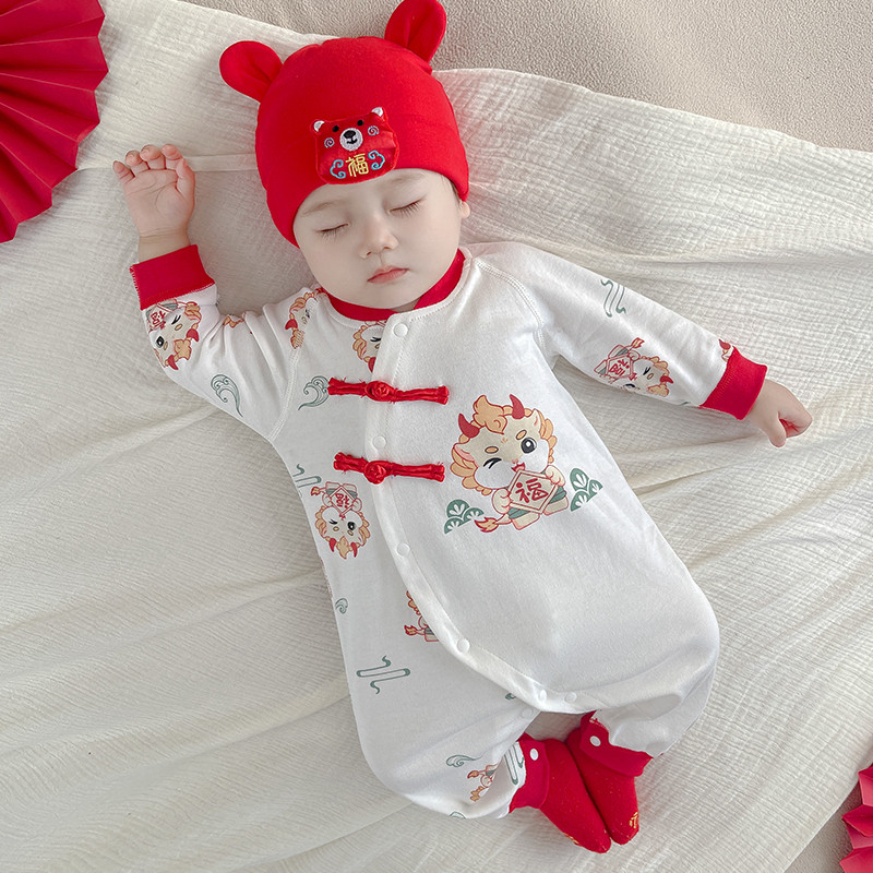 สไตล์เทศกาลฤดูใบไม้ผลิผ้าฝ้าย 100% ชุดจั๊มสูทเด็กเสื้อผ้าเด็กสีแดงวันหยุดเสื้อผ้าสไตล์จีนมังกร