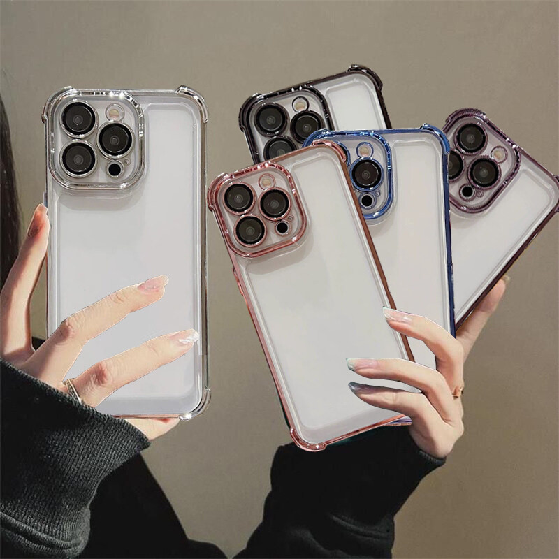 ชุบสําหรับ Samsung Galaxy A12 A14 A15 A16 A55 A54 A25 A35 S24 S23 S22 S21 Plus Ultra เคสโทรศัพท์ถุงลมนิรภัยหรูหรากันกระแทกสีทึบคลาสสิกกล้องป้องกัน Clear Cover