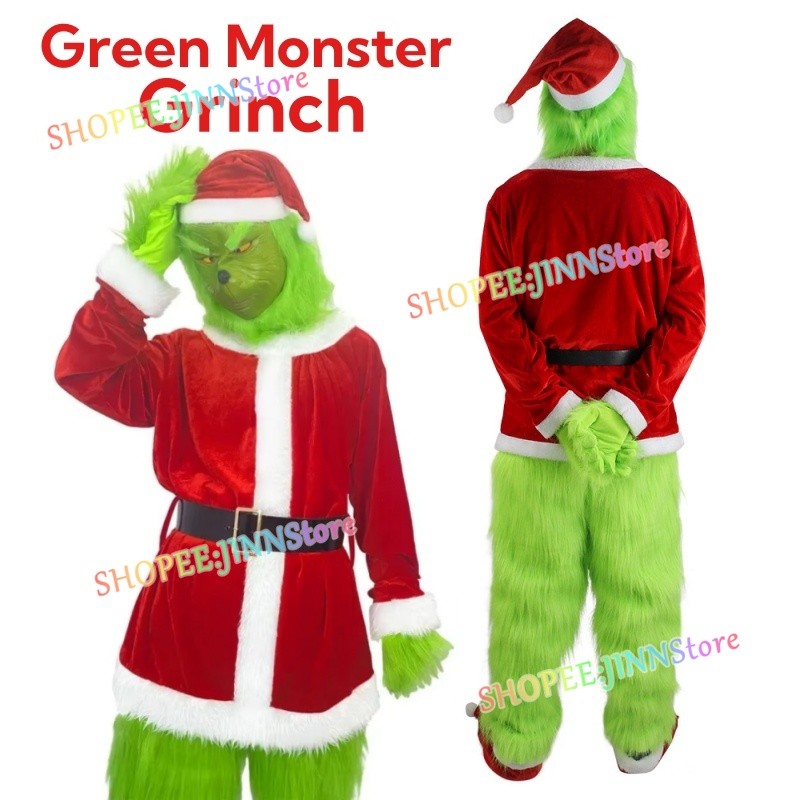 - Jinn - Grinch Stole Christ คอสเพลย์เครื่องแต่งกายคริสต์มาสมอนสเตอร์สีเขียว Grinch คอสเพลย์ชุด Latex หน้ากากชุด Party เครื่องแต่งกาย