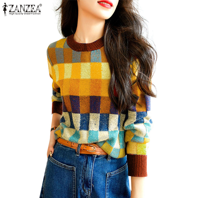 ZANZEA ใส่ ซานเซีย ผู้หญิงเกาหลีลําลองคอกลมแขนยาวคมชัดลายสก๊อตเสื้อยืด