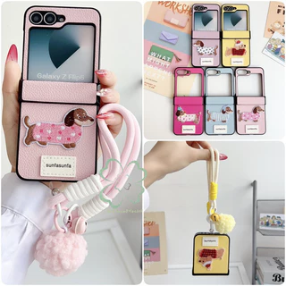 น่ารักการ์ตูนสุนัขหนังบานพับกรณีพลิก Samsung Galaxy Z Flip 7 Z Flip 6 7FE Z Flip 5 Z Flip 4 ปลอก Hairball เชือกเส้นเล็กสายรัดข้อมือ Hard PC กันกระแทกกลับ Shell