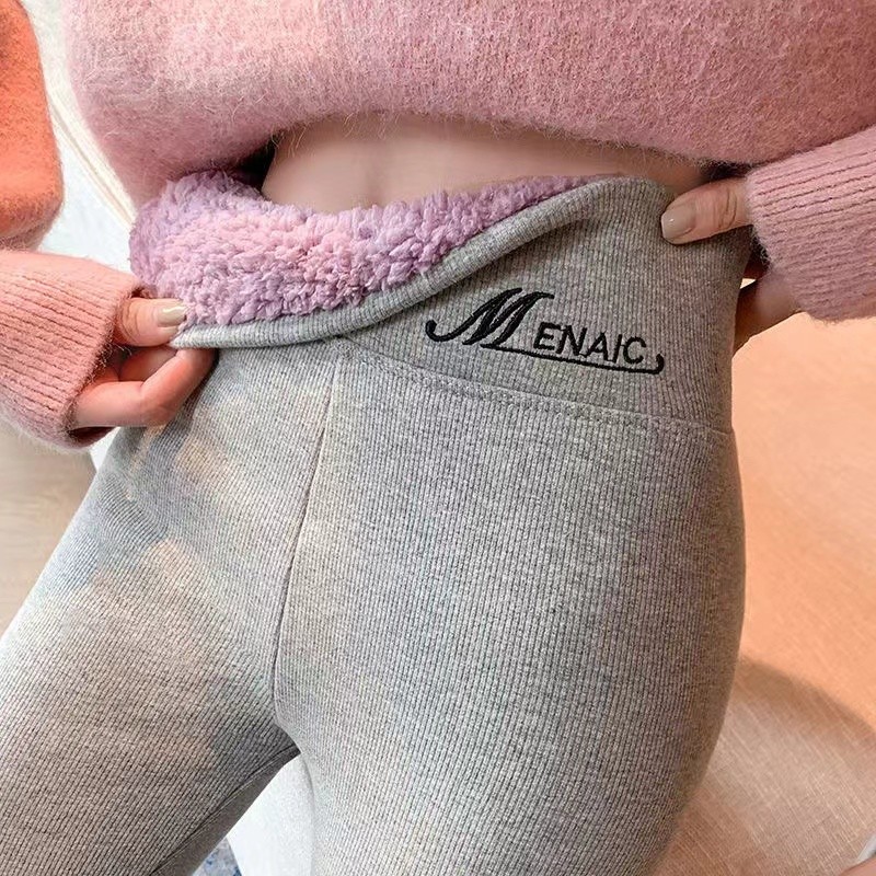 กางเกงเลกกิ้งบุขนกำมะหยี่หนาพิเศษกางเกงวอร์มเอวสูงสำหรับผู้หญิงกางเกงผ้าฝ้ายขนแกะหนาพิเศษกันหนาว