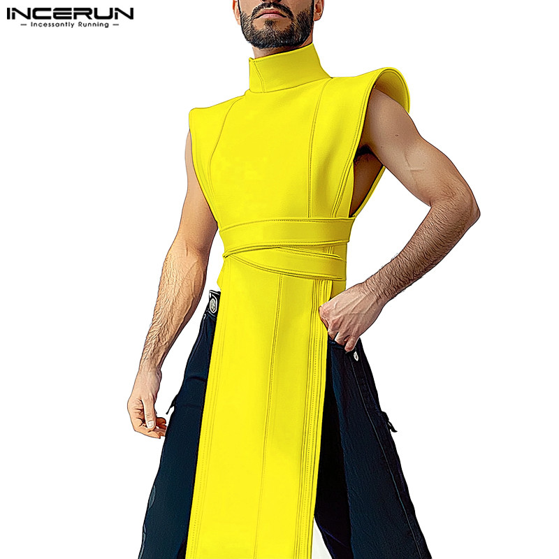 Incerun Men Vintage Casual ครึ่งคอสูงไม่สม่ําเสมอ Hem เสื้อแขนกุด