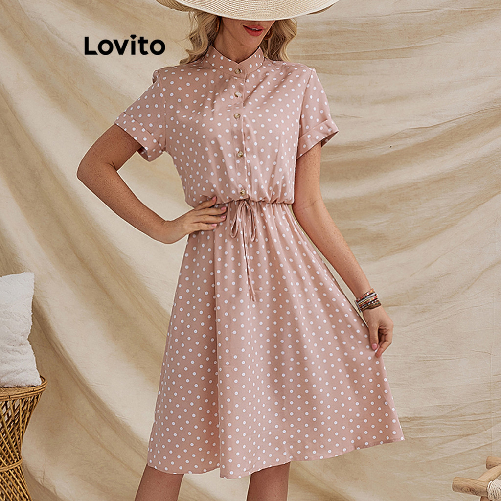 Lovito ชุดเดรสลายจุดติดกระดุมแบบลำลองสำหรับผู้หญิง LBL18796