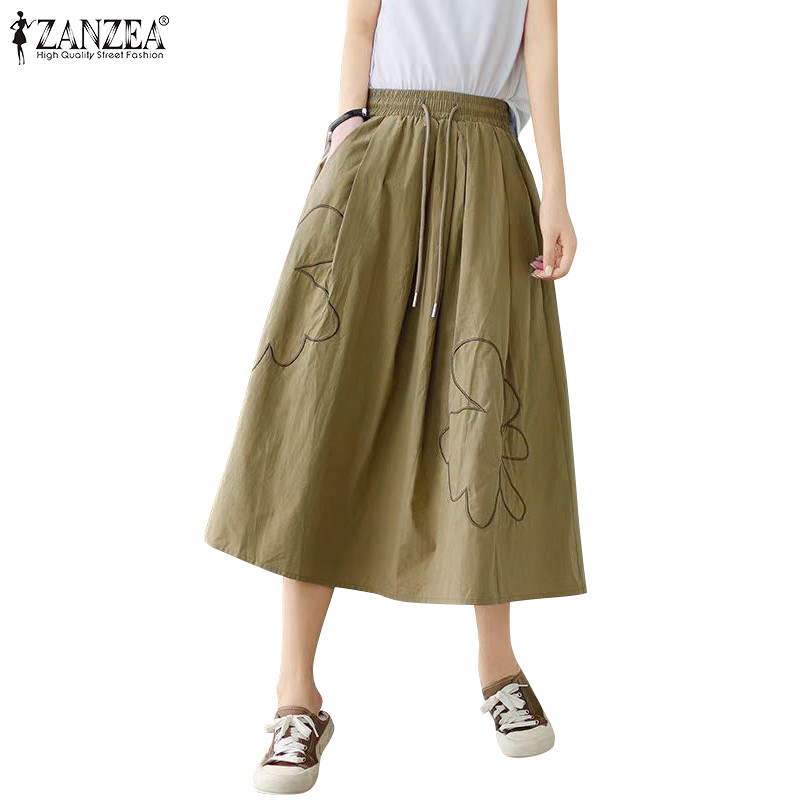Zanzea ผู้หญิงเกาหลีลําลองเอวยางยืดหลวมพิมพ์ A-Line ไม่มีกระเป๋ากระโปรงยาว