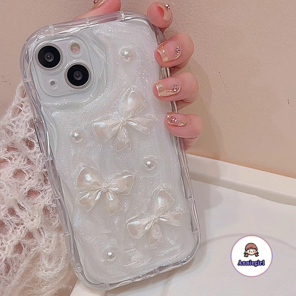 เกาหลี 3D Pearl Bow Glitter เคสโทรศัพท์สําหรับ IPhone 11 15 16 Pro Max 12 14 13 Promax ถุงลมนิรภัยกรอบกันกระแทก Hard โทรศัพท์ปกหลัง