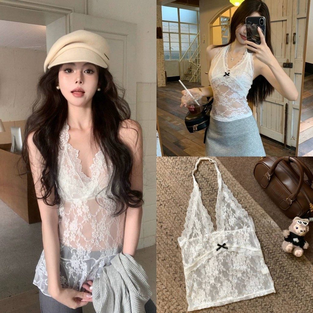 Pudding ~พร้อมส่ง~ "M0559/M0771" เสื้อคล้องคอลูกไม้ สีขาว ใส่สบายเซ็กซี่เบาๆ