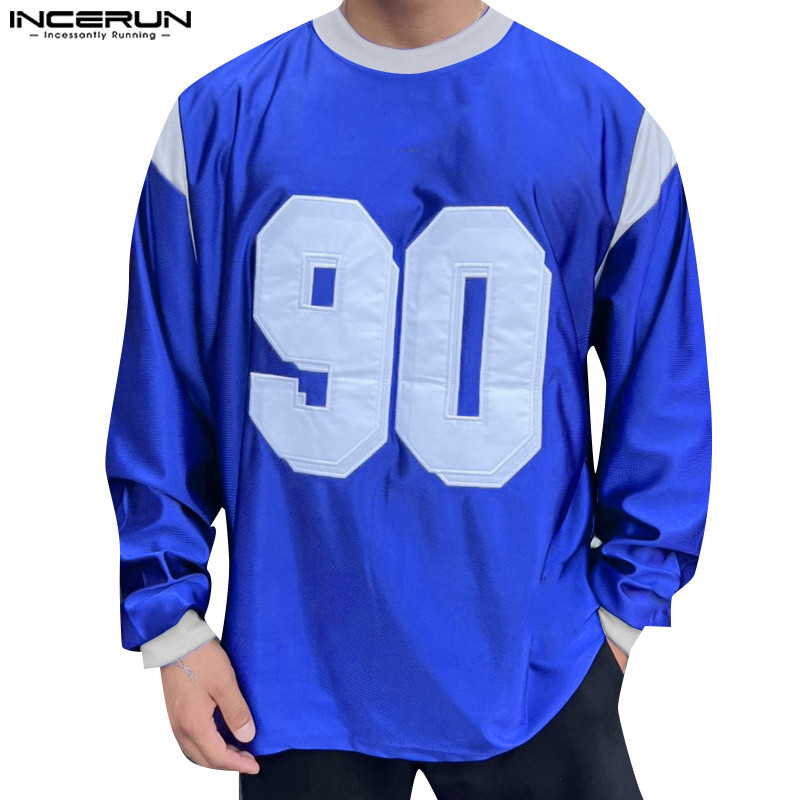 ไม่แน่นอน ผู้ชายเกาหลีดิจิตอลสีปิดกั้นกีฬาสไตล์คอกลมแขนยาวเสื้อยืด
