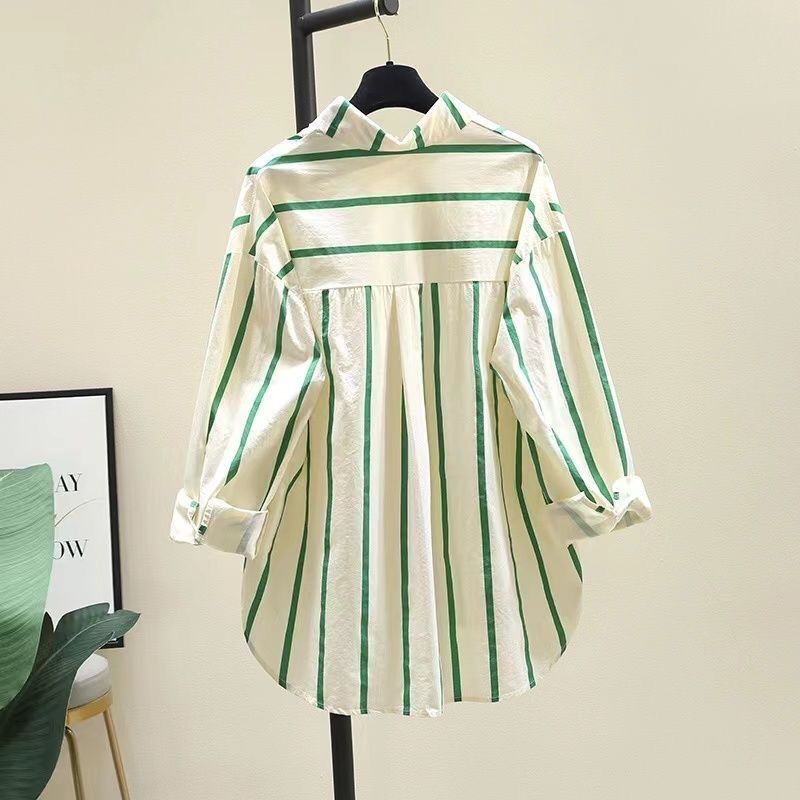 เสื้อเชิ้ตลายทางผู้หญิงสไตล์เกาหลีใหม่หลวมสลิมมิ่งสันทนาการต่อต้านริ้วรอยเสื้อแขนยาว