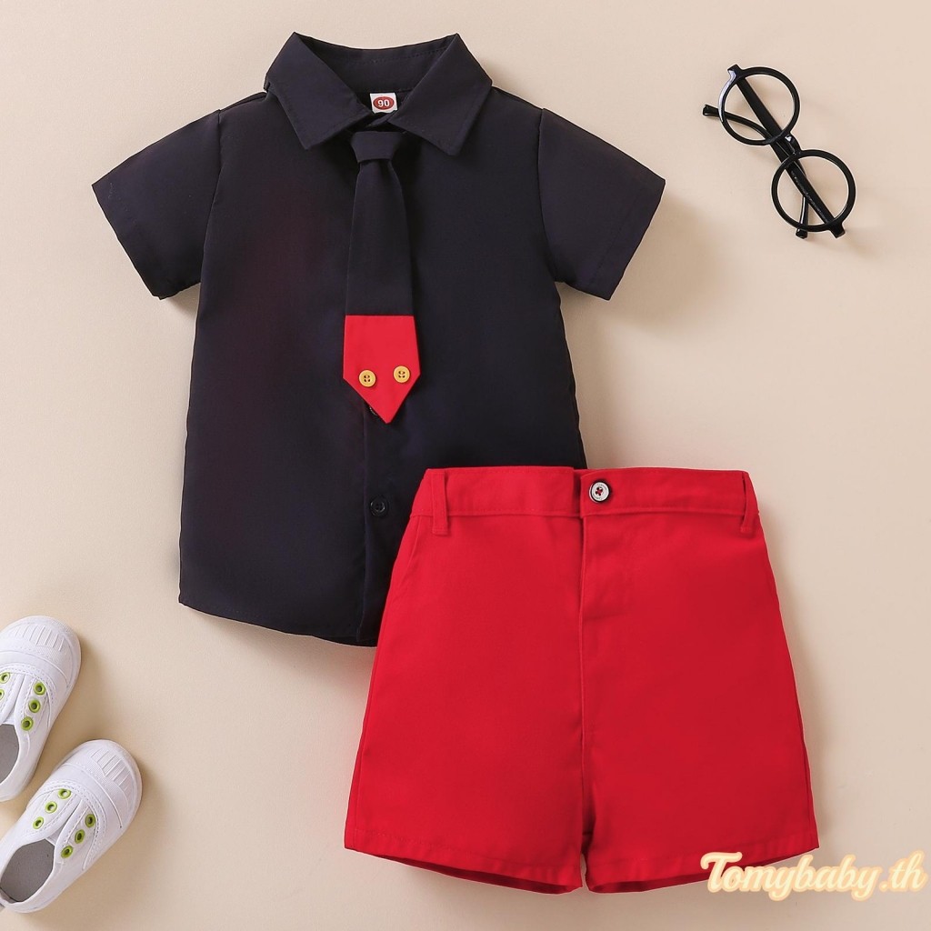 Tomybaby-2 ชิ้นเด็กชายหญิงชุดฤดูร้อน Contrast สีปกเสื้อแขนสั้น + เนคไท + กางเกงขาสั้น