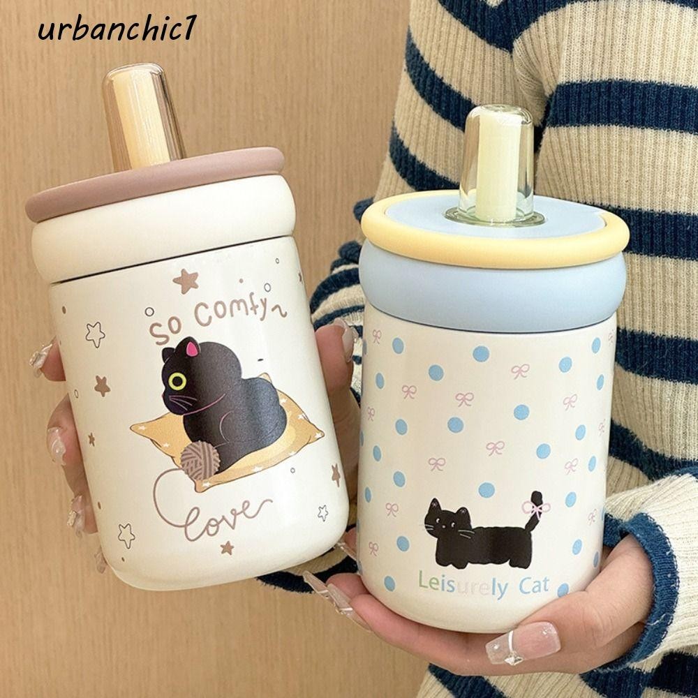 Urbanchic กระติกน้ําร้อน, การ์ตูน 316 ถ้วยน้ําฉนวนสแตนเลส, ความจุขนาดใหญ่ 500 มล. พร้อมที่จับหลอดแมวดําถ้วยดื่มชากาแฟ