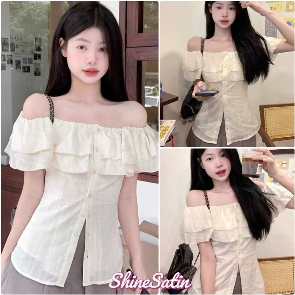 ShnieSatin จัดส่งในกรุงเทพฯ สุภาพสตรี อารมณ์แฟชั่น ไหล่ใบบัว เสื้อเชิ้ตแขนสั้น เซ็กซี่ด้านบน 279