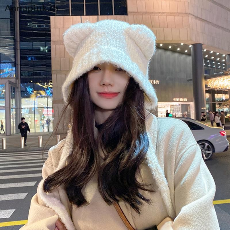 Annapink.th น่ารักหมีหูหมวกขนสัตว์ฤดูหนาว Beanies WARM Lace-up ป้องกันหูถัก er Bonnets Knitg ผู้หญิงเกาหลี WARM EN