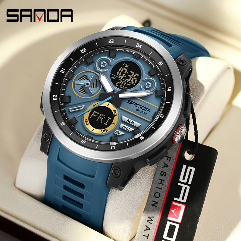 Sanda Dual Display Dial Luminous Calendar มัลติฟังก์ชั่นกลางแจ้งควอตซ์อิเล็กทรอนิกส์นาฬิกาผู้ชาย SD3379