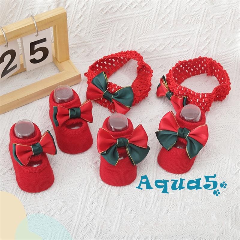 อุ๊ย-คริสต์มาสเด็กสาวลื่นถุงเท้าที่มีจับ3งโบว์ชั้นอบอุ่นคลานถุงเท้าคาดศีรษะ