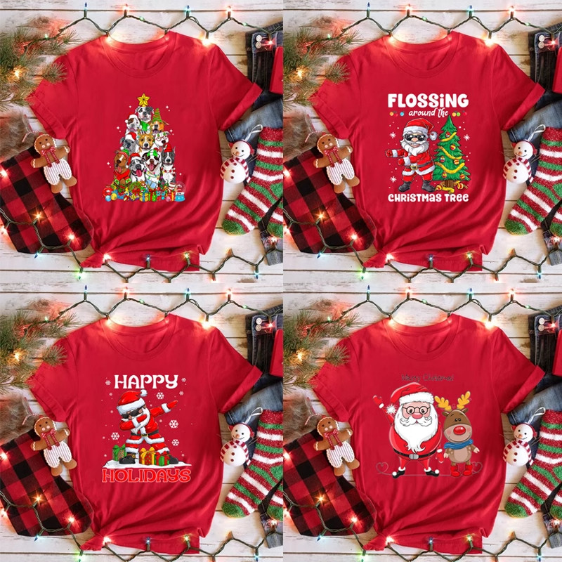 พร้อมส่ง เสื้อยืด ลายการ์ตูน oversize T-shirt Merry Christmas ลายเยอะ แฟชั่น ญ-ช ใส่ได้ เสื้อS-3XL