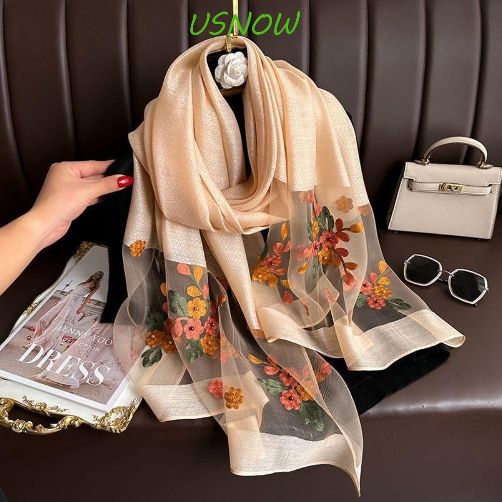 Usnow หรูหราผ้าพันคอผ้าไหม,นุ่มบาง Foulard ผู้หญิงฮิญาบผ้าคลุมไหล่,ดอกไม้หรูหราเย็บปักถักร้อยห่อขนาดใหญ่ลูกไม้เงาผ้าพันคอ Lady
