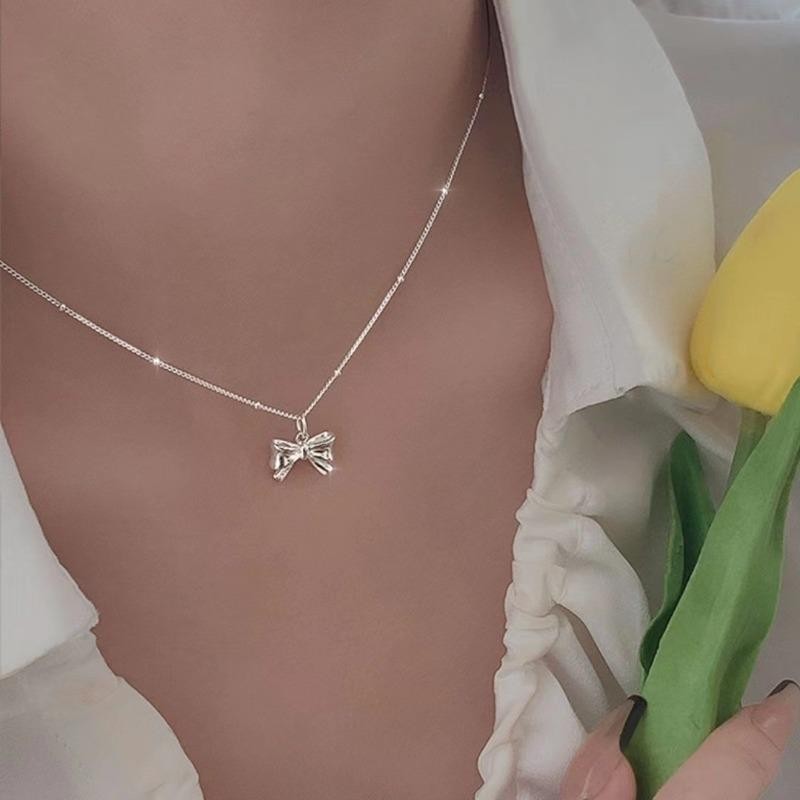 แฟชั่นเกาหลีเงินโบว์จี้สร้อยคอเครื่องประดับนักเรียนหญิงของขวัญวันเกิด