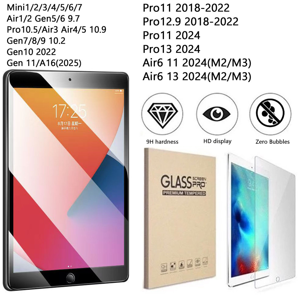 ฟิล์มกระจกใสนิรภัย สำหรับ ไอแพด Gen 5/6/7/8/9/10/11 Air 1/2/3/4/5/6/7 Mini 1/2/3/4/5/6/7 Pro 10.5/11/12.9/13 ไอแพดเจน
